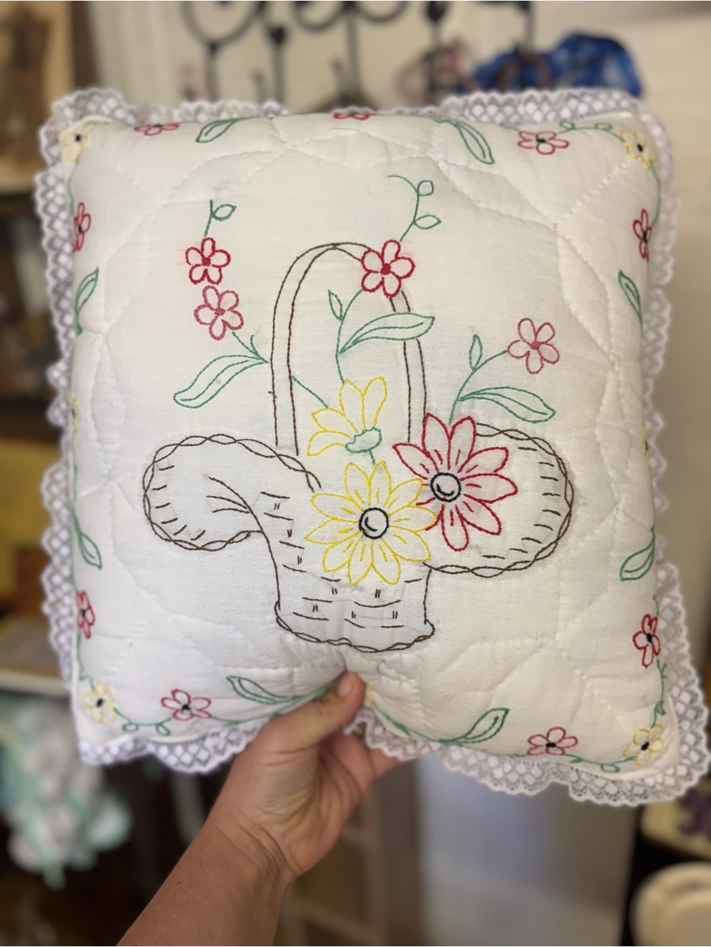Hand-Embroidered White Floral Basket Accent Pillow